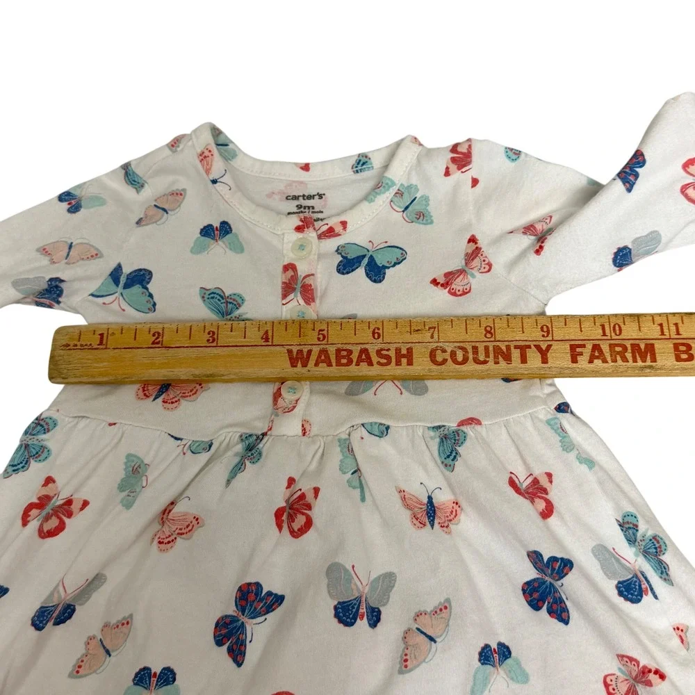 Carters Baby Girl Butterfly Print Long Sleeve Cotton Dress White 9 Months